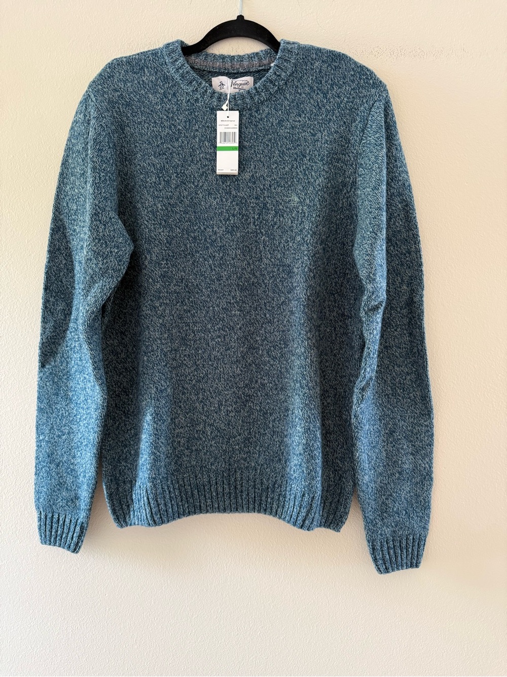 Original Penguin Men’s Teal Marled Crewneck Wool Blend Sweater Logo